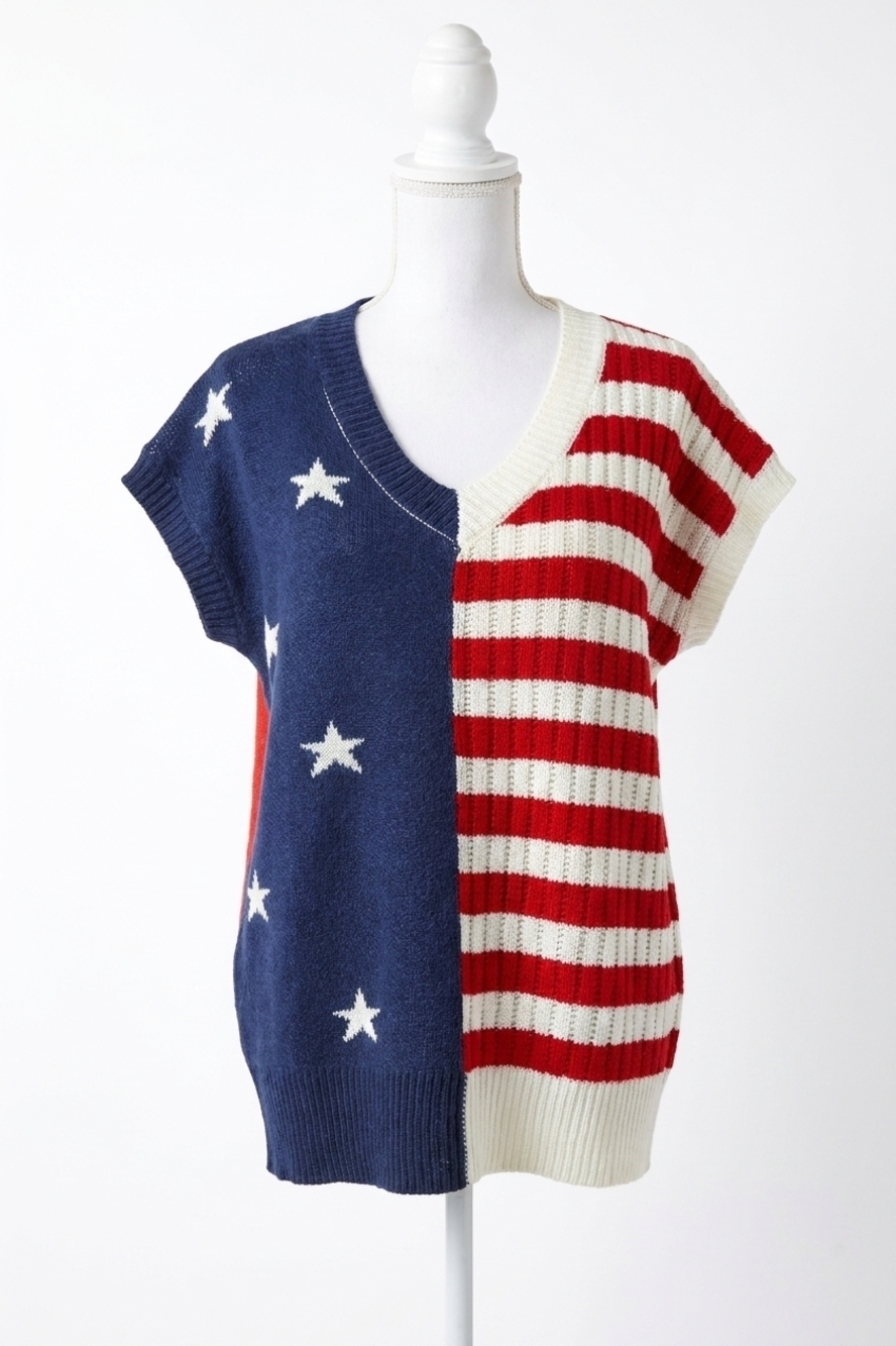 NEW HAPTICS v-neck dolman patriotic american flag knit top in blue red